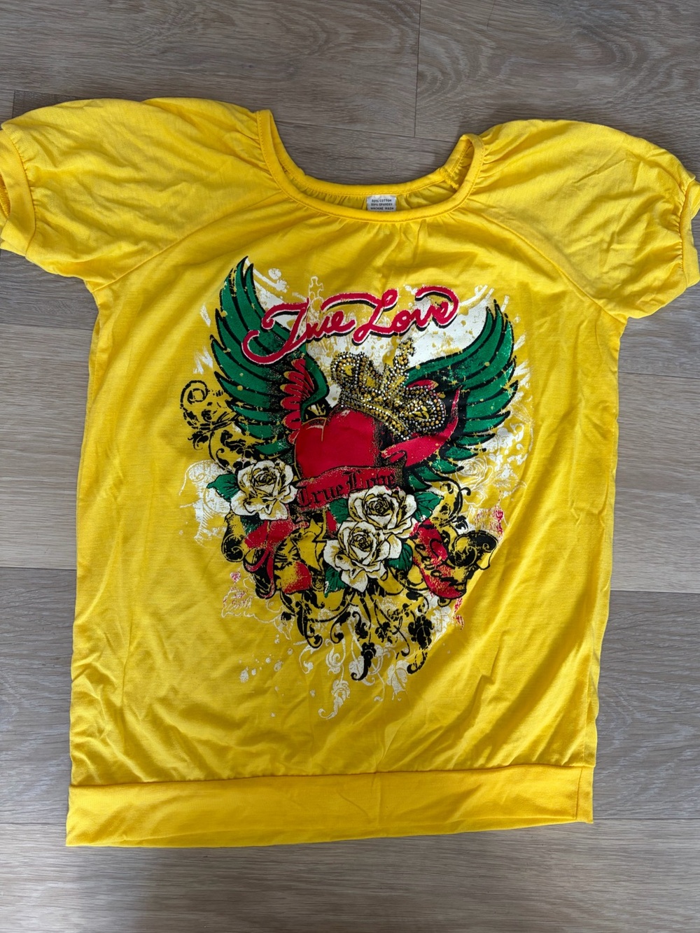 Y2K Yellow True Love Tattoo Graphic Rhinestone Puff Sleeve Top Size M
